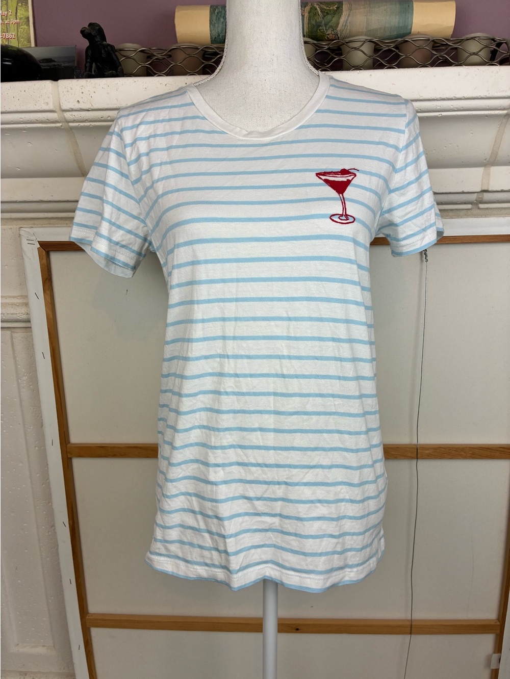 J. Crew Fresh Striped Collectors Tee w/ Red Cocktail w/Cherry Embroidered on